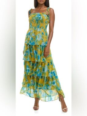 SOCIALITE TIERED MAXI SUNDRESS TIE-SHOULDER WOMENS GLITTER YELLOW/BLUE SIZE XS